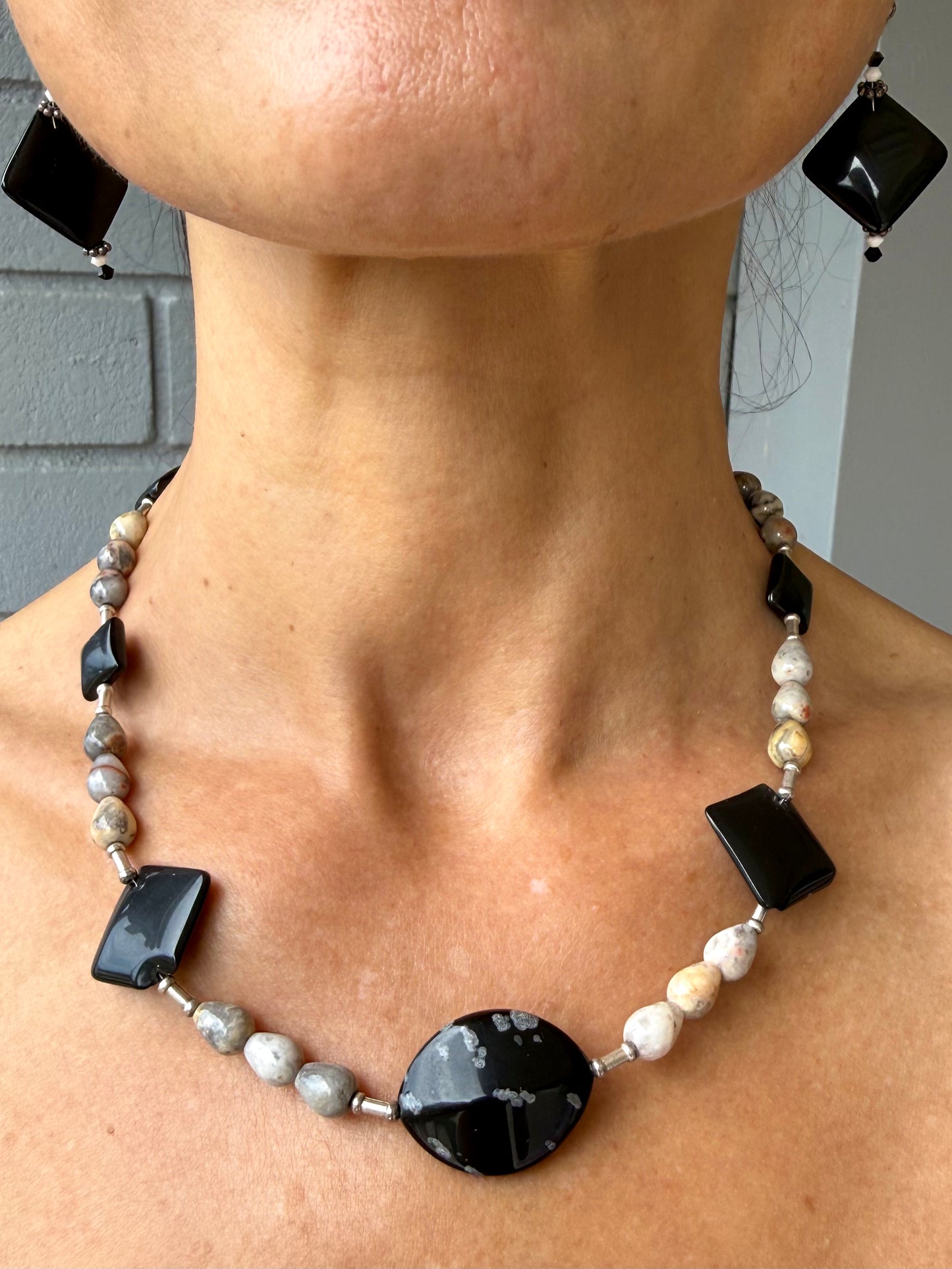 SNOWFLAKE OBSIDIAN & MIXED JASPER NECKLACE & EARRINGS SET