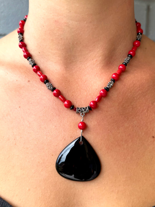 BLACK OBSIDIAN & RED BEAD NECKLACE